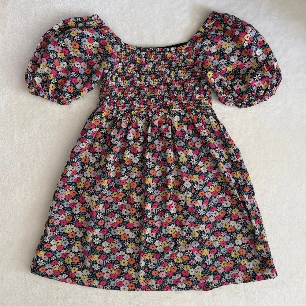 Gap Kids | Smocked Floral Print Puff Sleeve Cotton Dress 813739 Blue/Pink (L/10) - Picture 12 of 16